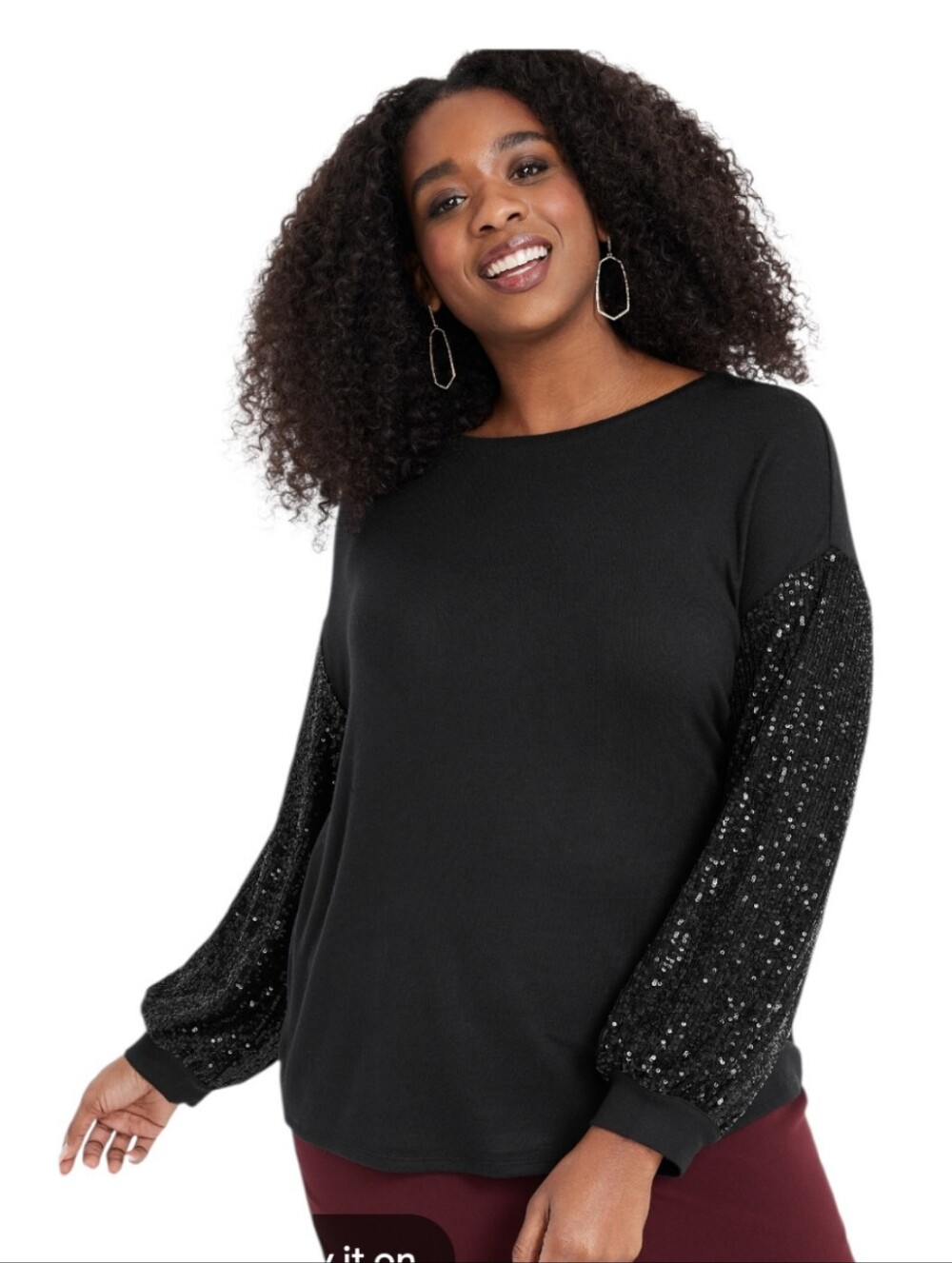 Maurices Black Top with Sparkle Sequin Balloon Sleeves